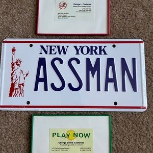 Seinfeld Items - Kramer Vanity Plate, Framed George Costanza Business Cards